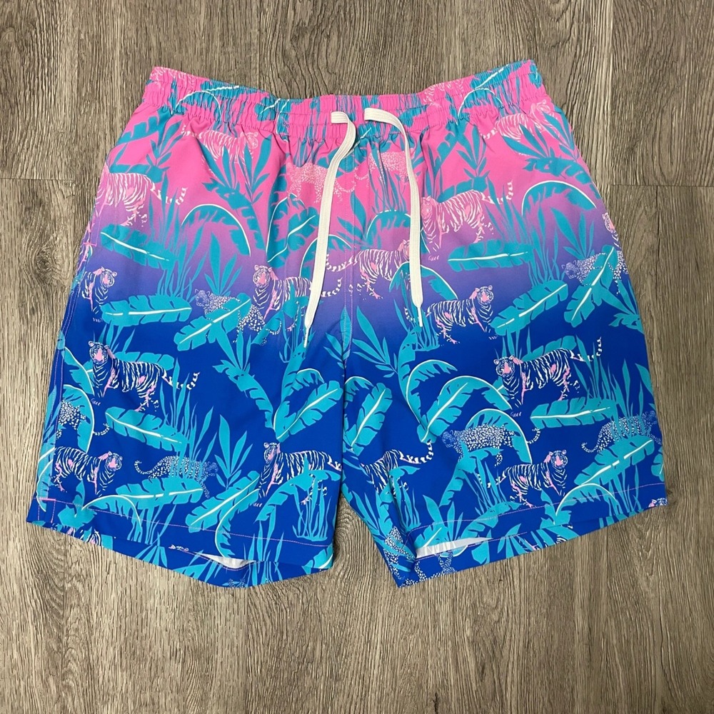 Chubbies Swim Trunks Mens XL Blue Pink Ombre Tropical Tiger Barbie 7" Inseam